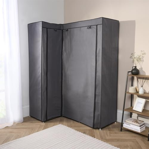 OHS Canvas Wardrobe For Bedroom Corner Fabric Wardrobe, Lightweight Stylish Zippered Portable Wardrobe with Storage Shelves & 2 Hanging Rags Folding Grey Wardrobe