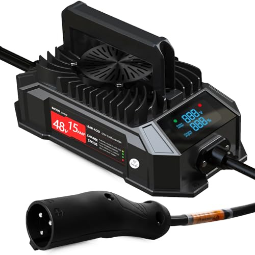 Xislet 15 AMP 48 Volt Golf Cart Battery Charger Compatible with 1995-2025 Club Car Precedent & DS, Round Plug Cable, Lightweight, Waterproof, LED Screen Display, for Lead Acid Battery - Black