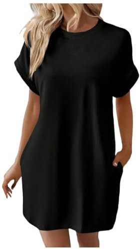 2025 - Robe t-shirt douce pour femme - Manches courtes - Décontractée - Robe tunique d'été ample avec poches - Robe pour femme - Rouge et vert à carreaux, Noir , XXL
