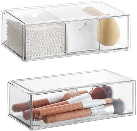 Exquilnova 2 Stück Kosmetik Organizer, Acryl Stapelbar Badezimmer Organizer, Transparent Schubladen Organizer, Make Up Organizer für Schminktisch, Bad, Wattepads, Parfum (2-teiliges Set)