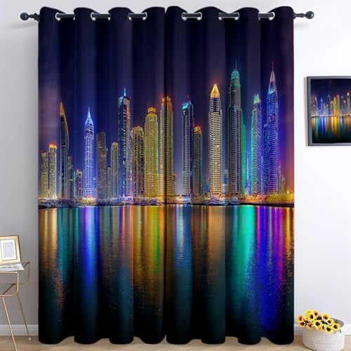 Wolkenkratzer in der Stadt bei Nacht Verdunkelungsvorhänge, 2er Set Blickdichte Ösenvorhänge H166 x B75 cm, Wärmeisolierend & Waschmaschinenfest, Farbechter Vorhang für Schlafzimmer Wohnzimmer