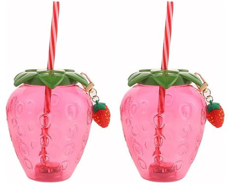 ASIAD 2 Pack Drinking Cup with Lid and Straw Lovely Strawberry Tumbler Mug Plastic Water Bottle Resuable Cold Beverage Mug Jar for Summer Pool Tropical Party Supplies,Pink