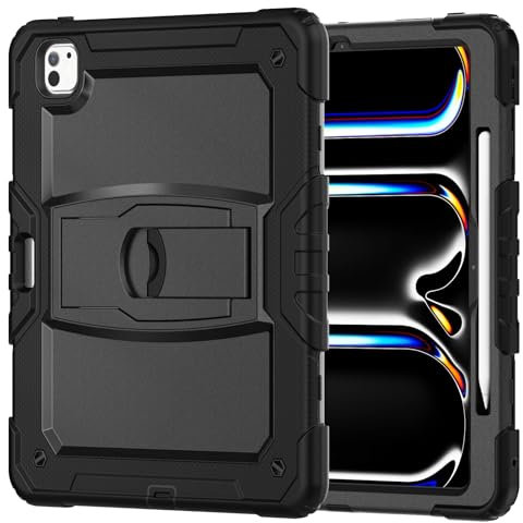HurrayB Tablet PC Case Kids Case Compatible with iPad Air 13inch 2024,Three-in-one Shatter-Resistant Shell, Drop-Proof, Dust-Proof, Shock-Proof W Bracket+Shoulder Strap Protective Case(Black)
