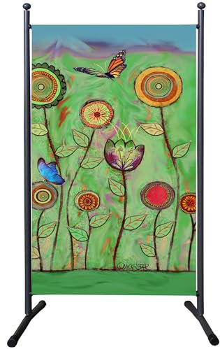 Paravent Raumteiler, 180 x 78 cm, Grüne Blumen, Sichtschutz für Balkon und Garten