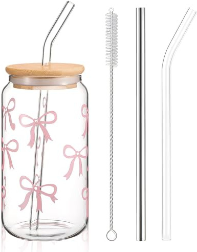 AuraFusion Aesthetic Glass Tumbler – 16 oz Mattierter Trinkbecher mit Schleifendesign, Deckel und Strohhalm, Vielseitig für Kaffee, Cocktails und Mehr