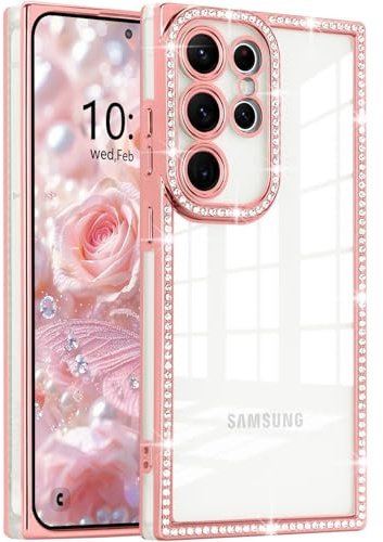 Eherui Coque de protection à paillettes pour Samsung Galaxy S25 Ultra - Cristal de luxe brillant - En silicone TPU souple transparent - Avec protection de l'appareil photo - Anti-chocs - Rose doré