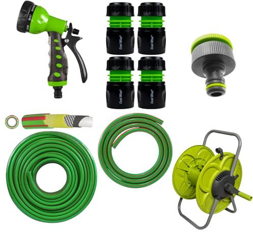 KIT 21 Garden Hose Reel Cart Set with 50m Premium Hose, 8-Pattern Spray Gun, Tap and Hose Connectors