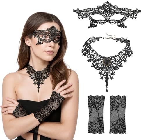 KOQAIIZ Gothic Kleidung Damen Set, Gothic Halsketten-Masken-Handschuhe-Set für Damen, für Partys und Abende