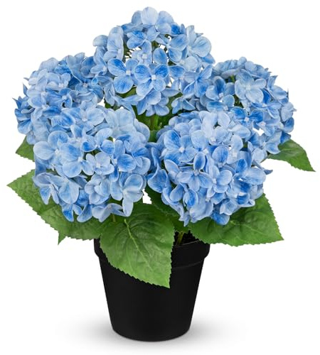 Briful Künstliche Hortensien im Topf 35 cm – Real Touch Kunstblume Wie Echt mit 5 Blütenköpfen – Dekorative Kunstpflanze für Wohnzimmer, Fensterbank & Büro, Blau