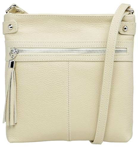 Caspar mittelgroße Leder Crossbody Messenger Bag Umhängetasche klassisch sportliche Damen Tasche - CLASSIC LINE - Modell No.825 - Made in Italy, Farbe:hell beige