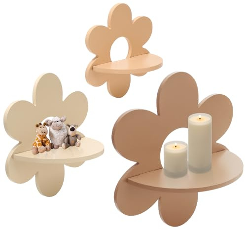 JarThenaAMCS 3Pcs Boho Daisy Wall Shelf Cute Flower Wooden Floating Shelf Floral Hanging Display Stand for Home Living Room Bedroom Bathroom Decor