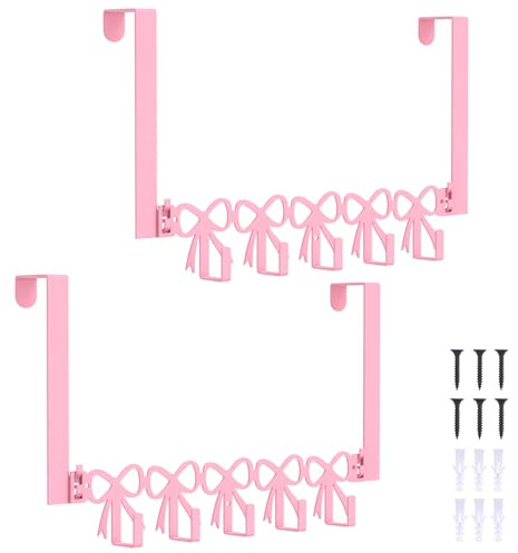 2 Stück Türgarderobe zum Einhängen Rosa Metall Abnehmbar, Türgarderobe Innenseite mit 5 Türhaken zum Einhängen, Rostschutz Rosa Schleife Kleiderhaken Tür für Schlafzimmer, Badezimmer Kleiderschränke
