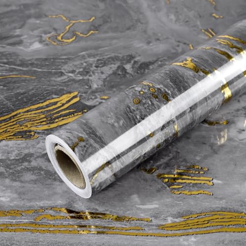 AuraCyzirine Grey Gold Marble Wallpaper Peel and Stick,Self Adhesive Glossy Marble Effect Wallpaper Roll,Waterproof Vinyl Film for Kitchen Countertop,Furniture,Walls,Bedroom,Living Room,30cm x 200cm