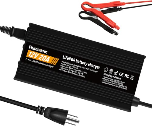 HumsiENK 12V 20A Chargeur de Batterie LiFePO4 avec Options Multi-Courant 5A/10A/15A/20A,Détection Automatique de la Tension de la Batterie Plomb-Acide LiFePO4