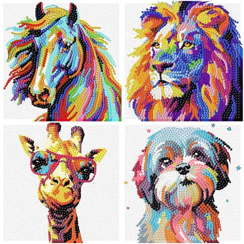 Viart 4er Set Diamond Painting Kinder Tiere, Pferd Löwe Hirsch Hund Diamant Painting Bilder Kinder, Tiere Diamond Painting Kids ab 4 6 8 10 12 Jahren (15x15cm)