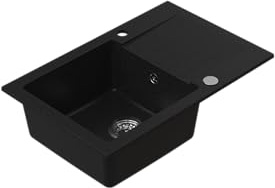 HOMEVELLO Spülbecken PIXANO Einbecken Granitspüle 68x44x20cm Schwarz, Hochwertige Küchenspüle mit Siphon, Abtropffläche, Pflegeleicht, Kratzfest, Moderne Design, Perfekt für jede Küche