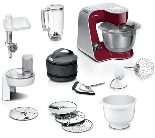 Bosch Küchenmaschinenset Serie 4 MUM5X72004, 1000 W, mit integrierter Waage, 3,9 l Edelstahlschüssel, 3D PlanetaryMixing, Set mit Mixeraufsatz, Durchlaufschnitzler und Fleischwolf, Rot/Silber