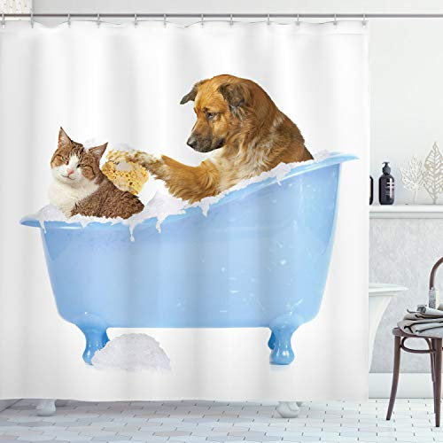 ABAKUHAUS Tiere Duschvorhang, Hund und Katze in der Badewanne, Stoffliches Gewebe Badezimmerdekorationsset mit Haken, 175 x 240 cm, Mehrfarbig