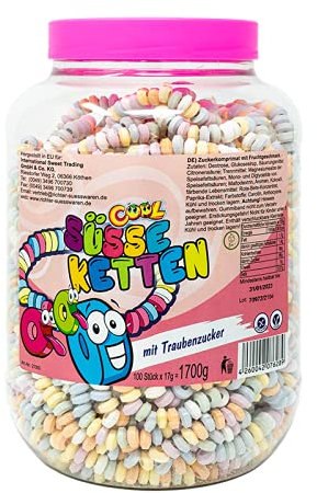 Cool 100 süsse Ketten mit Traubenzucker | Dextrose Armbänder | Mädchen Geburtstag | in der wiederverschließbaren Dose, 1er Pack (100 x 17g)