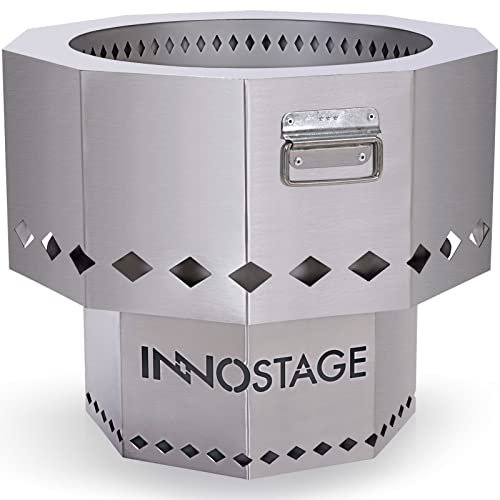 INNO STAGE Brasero en acier inoxydable avec sac de rangement portable, sans fumée, bol pour granulés de bois, avec support pour feu de camp ou barbecue sur terrasse, jardin, cour – M
