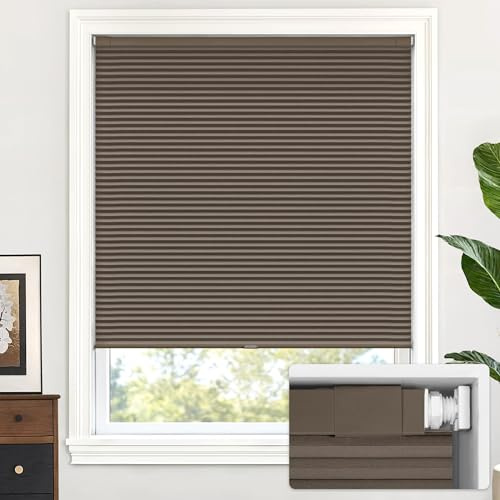 LazBlinds Jalousie, schnurlos, zellular, für Fenster, kein Werkzeug, kein Bohren, Verdunklung, für Fenstergröße 58 x 163 cm (B x H), Dunkles Kaffeebraun