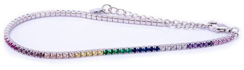 Remo Gammella Gioielli Bracciale Uomo Donna Tennis Argento 925 bagnato in Oro Bianco e Zirconi Rainbow Multicolor a taglio diamante da 2 mm. Misura regolabile da 17 a 21 cm