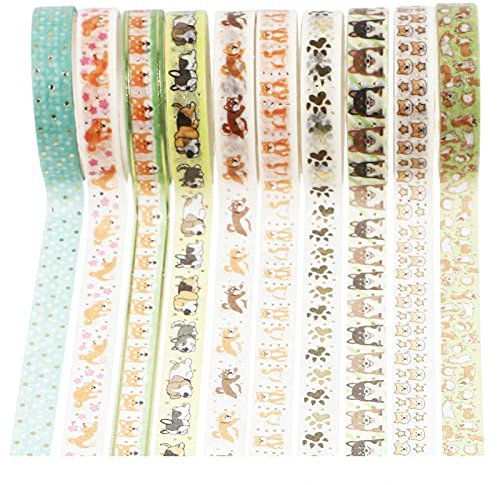 EXCEART 10 Rollen Papier Washi Tapes mit Hund Muster Selbstklebende Gold Folie Masking Tape Aufkleber Decals für DIY Handwerk Scrapbooking Tagebuch Alben Notebook Rolle