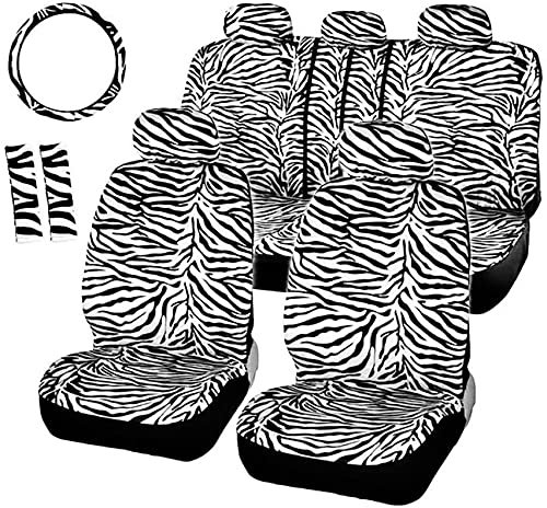 Zebra Autositzbezüge, komplettes Set, vorne und hinten, komplett mit 2 Sicherheitsgurtpolstern und universellen 38,1 cm Lenkradbezug, passend für Autos, Lkws, SUVs oder Vans, für Frauen (Zebra)