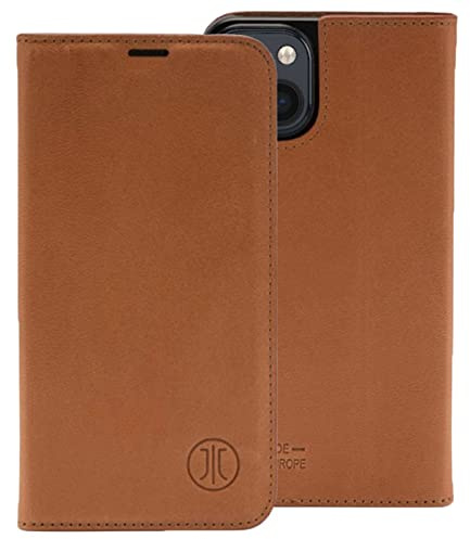 JT Berlin Bookcase Tegel Echtleder Hülle kompatibel mit Apple iPhone 13 [Premium Flip-Case, Wireless Charging (Qi) kompatibel, Standfunktion, EC-Kartenfächer, Magnetverschluss] Cognac