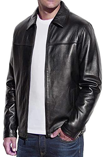 Chaqueta clásica de piel de cordero auténtica para hombre, estilo motociclista, chaquetas de piel de cordero para hombre, Negro -, Large