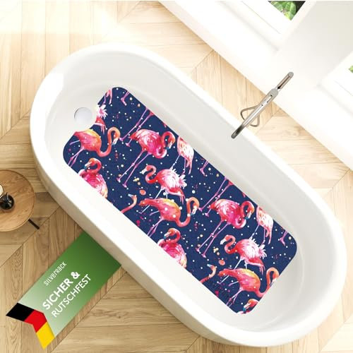 SilverRack Badewannenmatte rutschfest 100x40 cm (Flamingo Motiv Lila) - Antirutschmatte Badewanne BPA frei - Duschmatte schimmelresistent & maschinenwaschbar - Badematte rutschfest