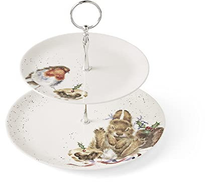 Wrendale Designs Royal Worcester Wrendale Deigns Présentoir à gâteaux Festif à Deux étages Motif Rouge-Gorge et Lapin Blanc