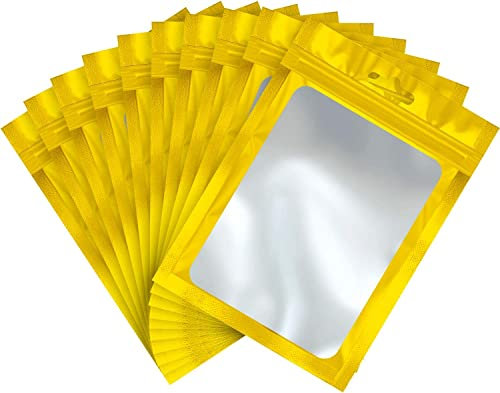 RIGHTPAK 100Pcs Gold Resealable Mylar Bag with Window 16cm x 24cm Euro Hang Hole Zip Lock Pouch for Accessories