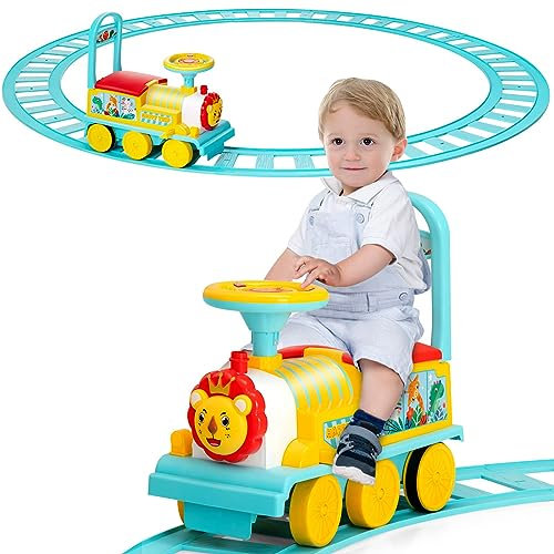 DREAMADE Elektro Zug zum Aufsitzen mit Gleis, 6V Kinder Elektroauto mit Musik & Licht, Kinderauto mit Stauraum, für Kinder ab 3 Jahren (Blau)