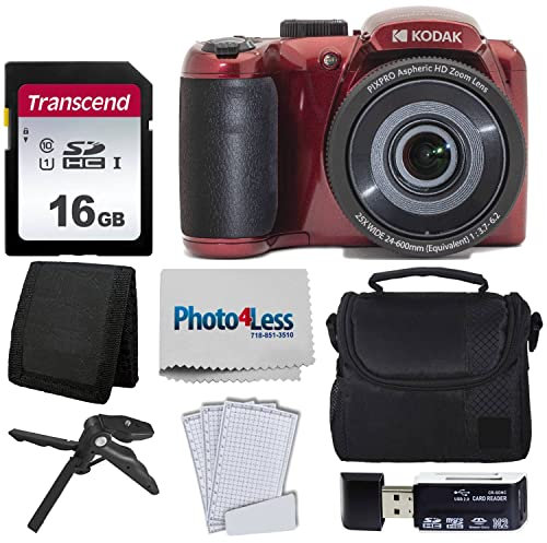 Kodak PIXPRO AZ255 Digital Camera (Red) + Point & Shoot Camera Case + Transcend 16GB Memory Card + USB Card Reader + Table Tripod + Accessories