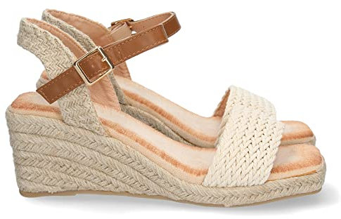 shoes&blues.es 71937-Sandalia de Cuna para Mujer, Comoda, Forrada de Yute, Pala Trenzada, y Cierre de Hebilla, Primavera Verano 2023. Talla 36 Beige
