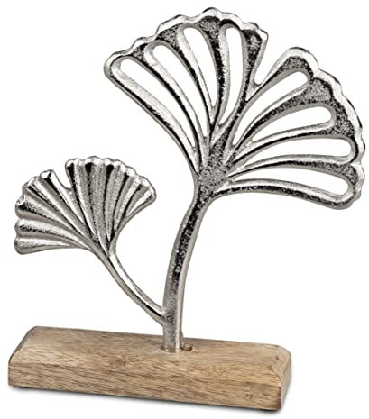formano Ginkgoblatt Metall auf Holzsockel | Aufsteller Dekofigur Dekoobjekt Ginkgo | 22 cm