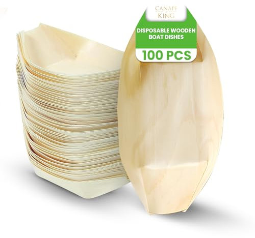 Canape King 100 pcs Wooden Bamboo Boats - Disposable Pinewood Food Serving Boat - Eco-Friendly Canape, Sushi Serving Trays Perfect for Weddings Birthdays Christmas (XS (9 x 5.5cm))