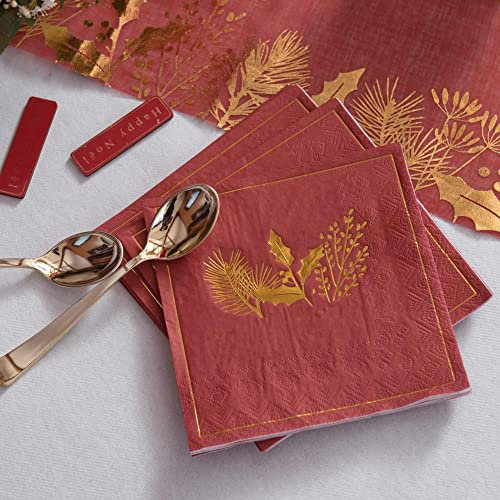 Santex 20 Red Napkins with Gold Holly, Christmas Foiled Paper Napkins, Festive Table Decoration, Red Table Decorations
