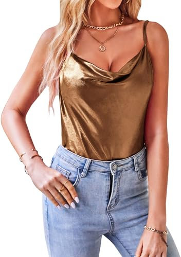 VIDUSSA Damen Funkelnde Tops Glitzer Oberteile Ärmellose Blusen Sommer Tank Shirt Spaghetti Camisole Tops Gold L