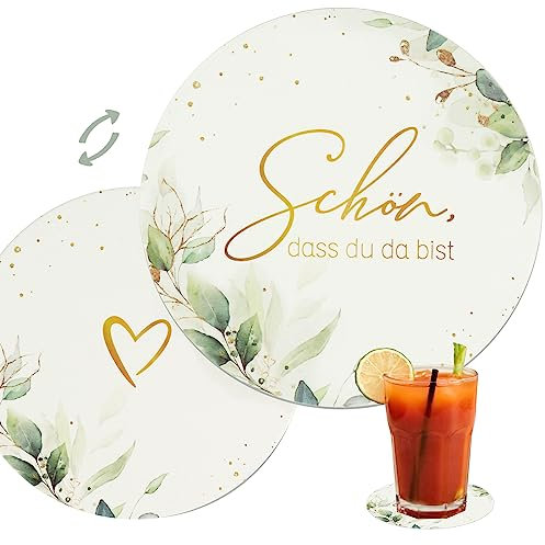 46 Stück Bierdeckel Untersetzer Wein Schön DASS du da bist Getränkeuntersetzer Eukalyptus Tassenuntersetzer Bier Getränke für Hochzeit Gartenparty Geburtstag Tisch Deko