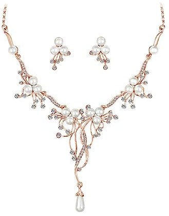 Zolkamery Hochzeit Schmuckset Damen, Glitzernde Kristall Braut Schmuckset mit perlen, Rose Gold Halskette & Ohrhänger Set für Brautjungfer, Glitzernde Luxus Brautschmuck für Verlobung Hochzeitstag