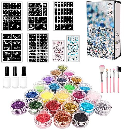 Temporary Glitter Tattoo Kit, 24 Colours Glitter Tattoos - Face Chunky Glitter Festival Tattoo, Glow in Dark Body Glitter Art Paint Party Makeup Birthday Gift for Girls