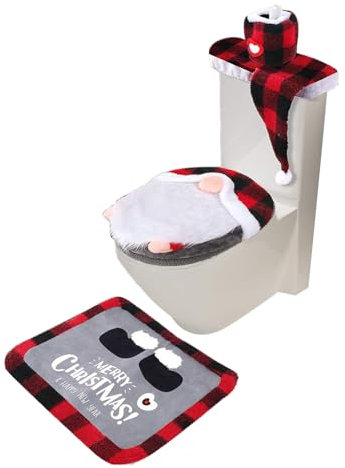 Kaxenig Weihnachten Toilettensitzbezug, 4 Teile/Satz Wichtel Weihnachts-Toilettendekorationsset, Weihnachten Toilettensitzbezug Und Teppich Set, Weihnachten Toilettendeckel Teppich Weihnachtsdeko
