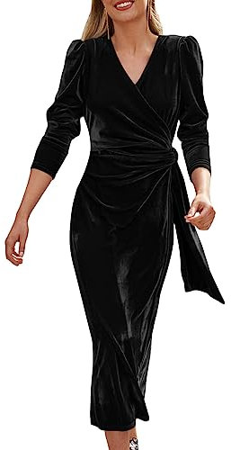Womens Casual Wrap V Neck Velvet Dress Long Sleeve Velvet Bodycon Midi Dress Christmas Cocktail Party Wedding Maxi Dress (Black, L)