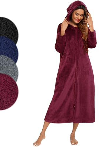 Minicoco Accappatoio da donna in pile con cerniera intera, soffice e super morbido, con cappuccio, in flanella spessa, calda e soffice, con tasche