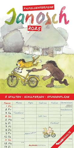 Alpha Edition - Janosch 2025 Familienplaner, 22x45cm, Kalender mit 5 Spalten für Termine, viel Platz für Notizmöglichkeiten, Mondphasen, Ferientermine DE/AT/CH und deutsches Kalendarium