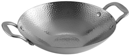 Cabilock Stainless Steel Wok Pans, 8Inch Flat Bottom Wok Fry Pans Korean Food Ramen Noodle Pot with Double Handle Seafood Paella Pan Skillet for Kitchen Home Restaurant Silver