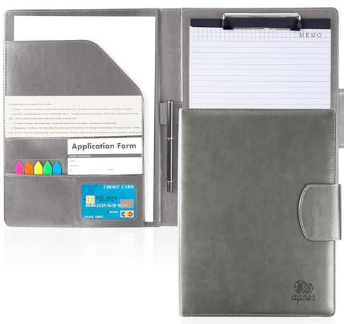 Agoer Pochette Porte-Bloc A4 en Cuir,Trieur Organiseur Portfolio Planchettes avec Fermeture Magnétique,A4 Papier et Stylo,Dossier de Conférence A4 avec Multi-poches pour Bureau Agenda Cadeau-Gris
