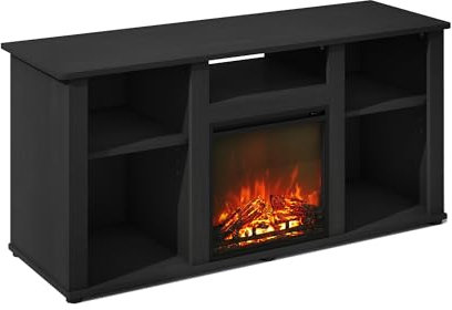 Furinno Jensen No Heat Decorative Electric Fireplace TV Stand, Entertainment Center for TV up to 55 Inch with Open Storage Compartment, Americano